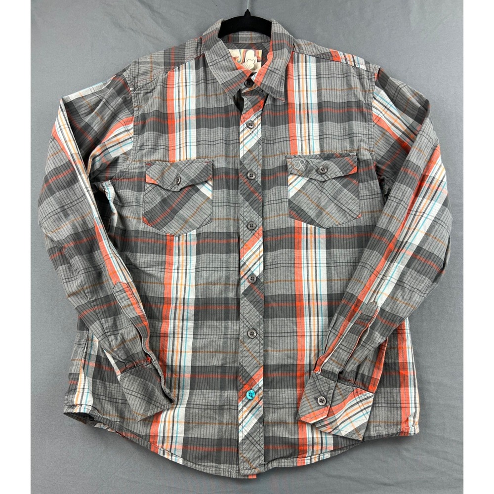 OP Ocean Pacific Shirt Mens Medium Plaid Button Down Grey Orange Cotton Good